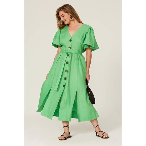 Nicholas Troy Linen Midi Shirt Dress Green Womens Size 0 - Picture 3 of 13